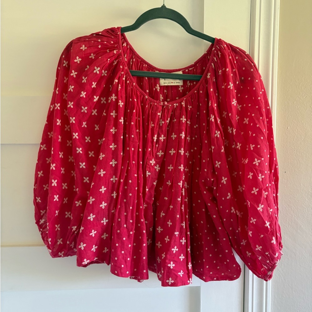 100% cotton block, print puff sleeve BoHo top in watermelon pink red